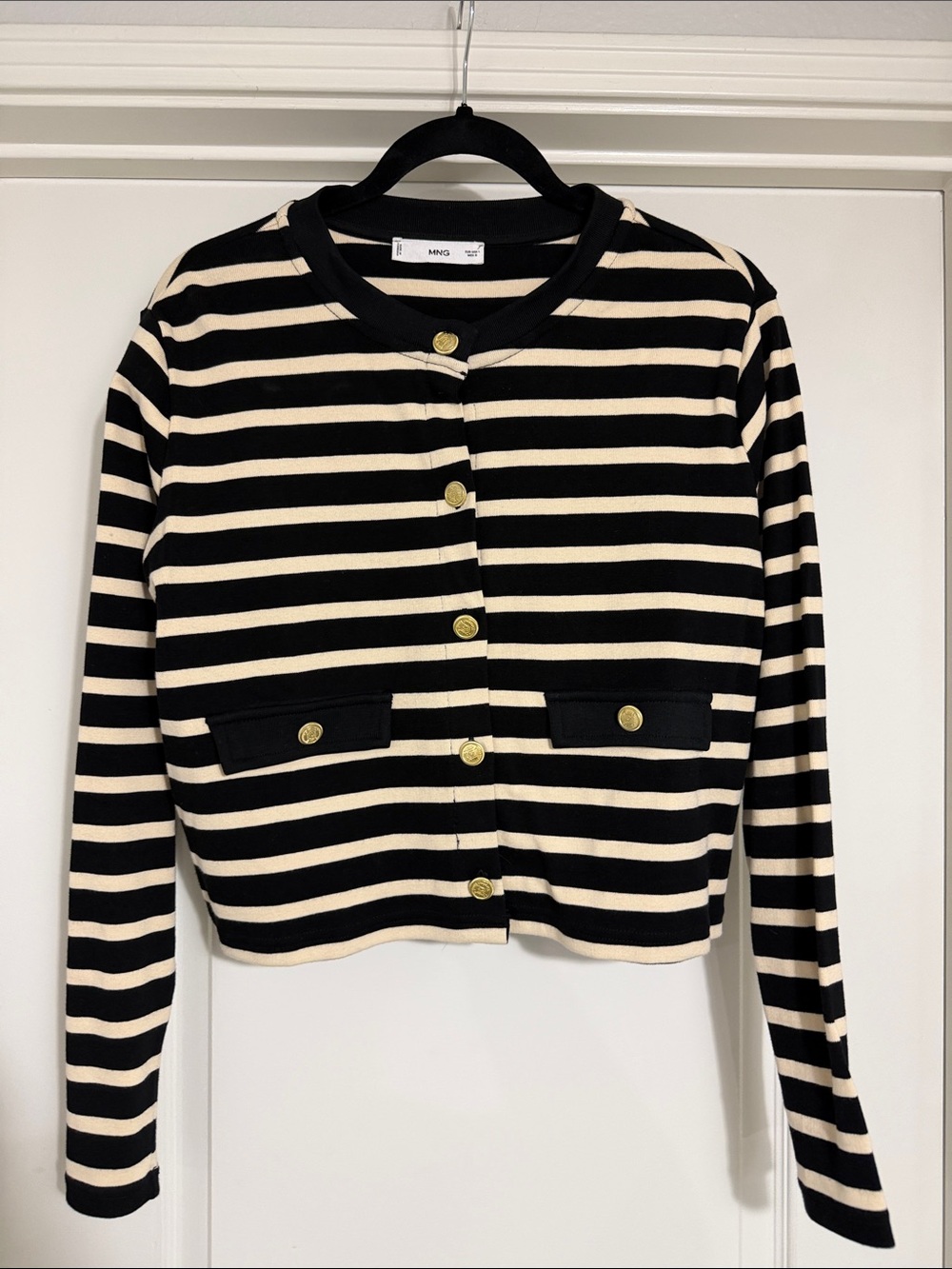 MANGO Striped Button-Up Crop Cardigan in Black & Cream GOLD accents size L used